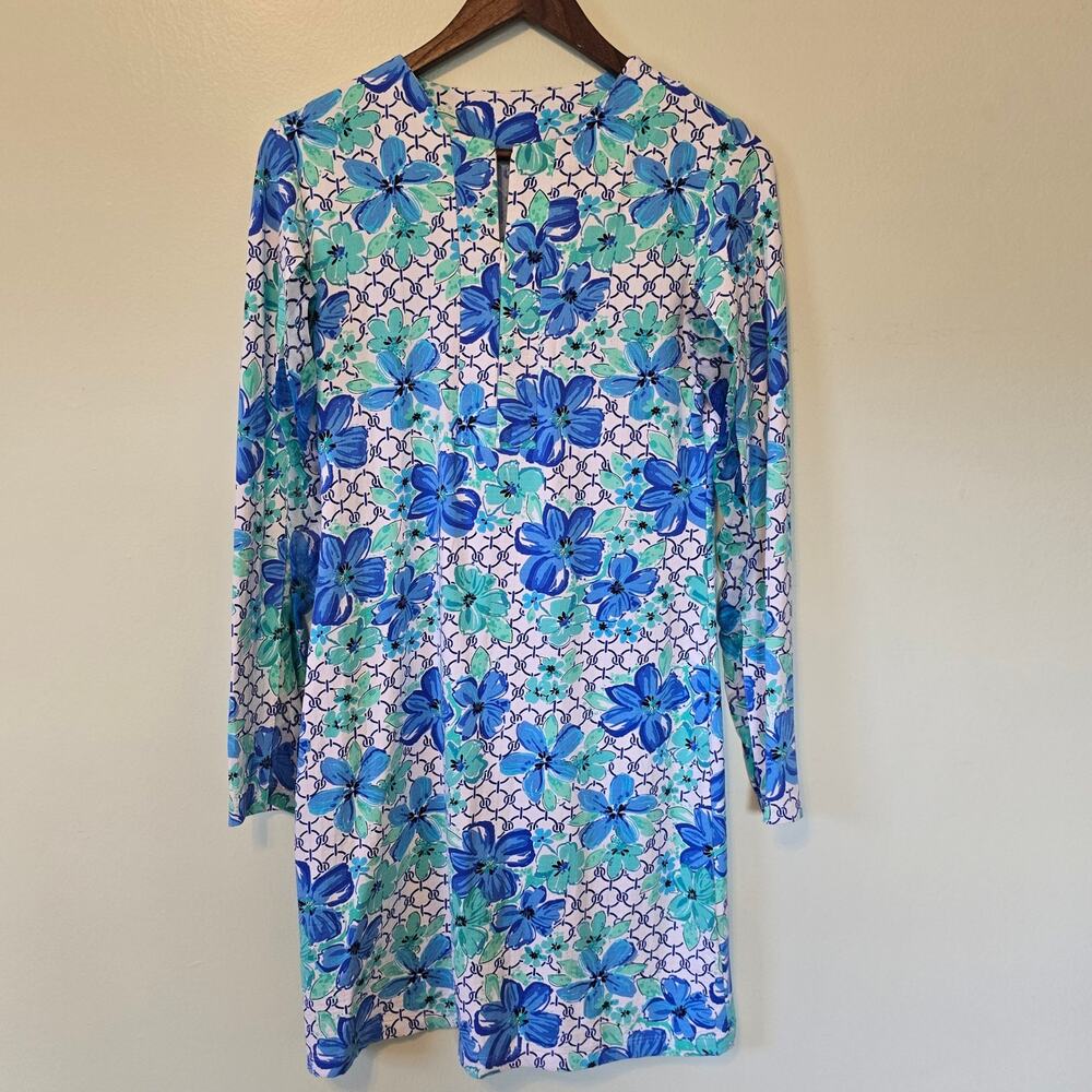Ibkul Floral Links Blue Long Sleeve Mesh Stretch Athleisure UPF 50+ Dress